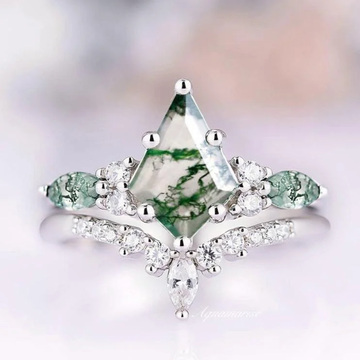 ladies engagement rings free shipping-Skye Kite™  Green Moss Agate Engagement Ring Set- 14K White Gold