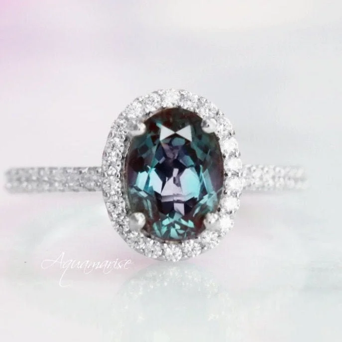 ladies engagement rings spiritual-Iris Teal & Purple Oval Alexandrite Engagement Ring- 14K White Gold