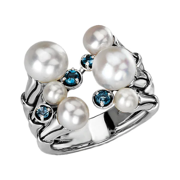 ladies rings custom order-Ladies Fashion Freshwater Pearl and Blue Topaz Ring