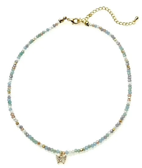 Ladies necklaces for her -Pastel Beaded Necklace with Butterfly Pendant - Multi colors