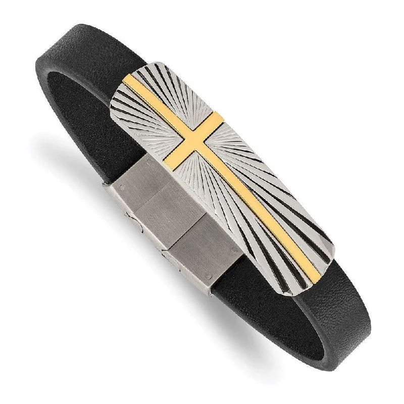 Ladies bracelets tri color shine -Stainless Steel Polished Yellow IP Cross Black Leather w/.5in ext Bracelet