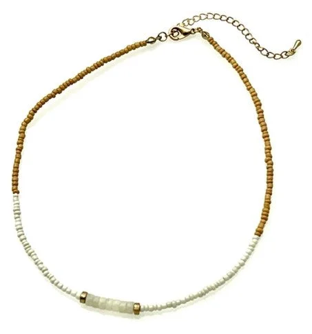 Ladies necklaces marquise accent -Beaded Necklace with Seed and Stone Beads - Cream/Tan