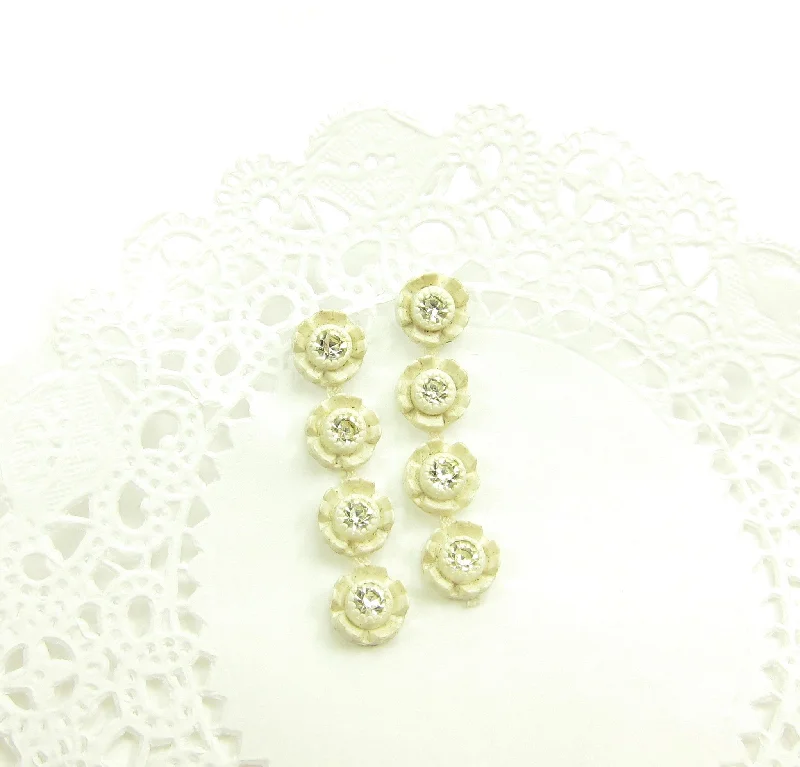 ladies earrings yellow gold-Rhinestone Rose Post Earrings with White Plastic Roses