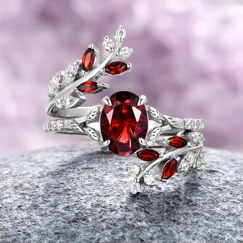 ladies engagement rings keepsake-Star Cut Nature Red Garnet Leaf Engagement Ring Set- 14K White Gold