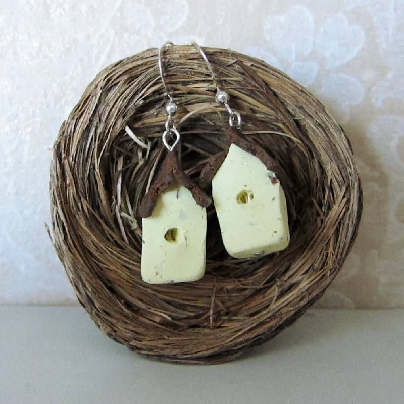 ladies earrings mixed metal-Bird House Earrings Polymer Clay Yellow Birdhouse Sterling Silver