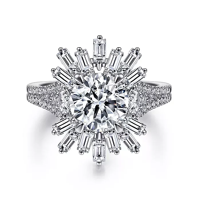 ladies engagement rings victorian-Rapture - Art Deco 14K White Gold Starburst Halo Round Diamond Engagement Ring