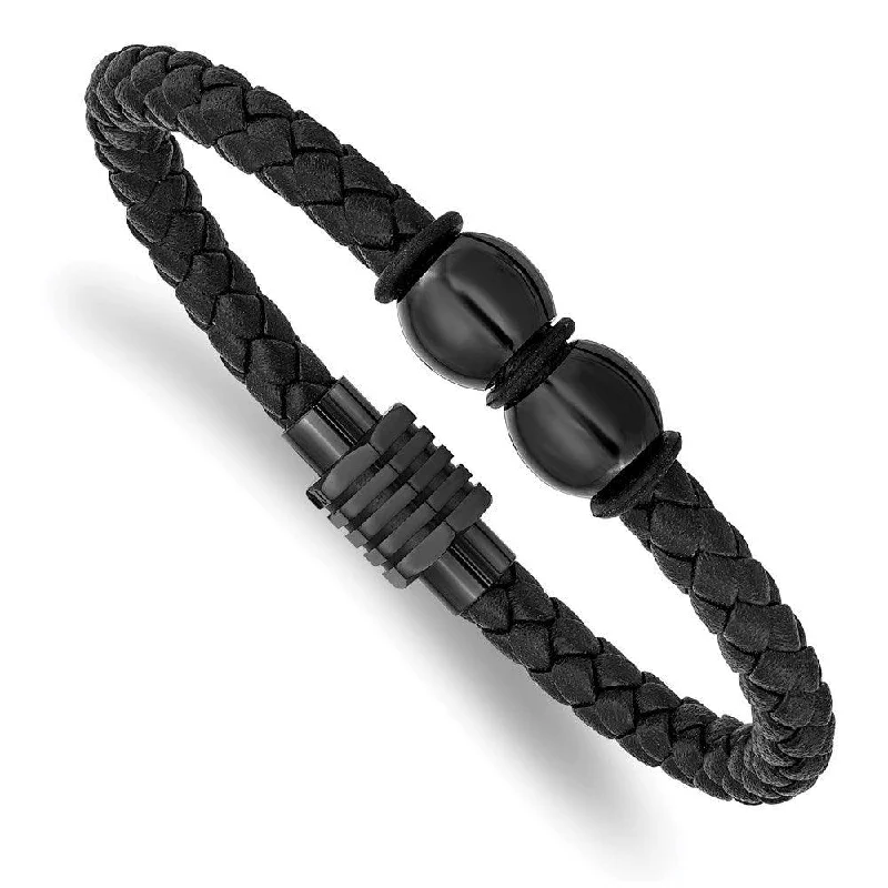 Ladies bracelets cluster charm -Stainless Steel Polished Black IP Black Rubber and Leather 8.25in Bracelet