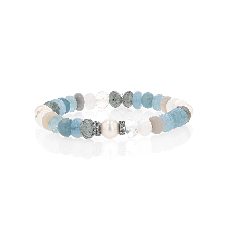 Ladies bracelets alexandrite glow -Pearl and Blue Gemstone Mix Bracelet with 4 Diamond Rondelles - 8mm  B0003977