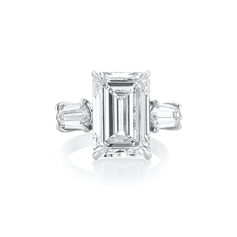 ladies engagement rings second hand-8.03 CT Emerald Cut and 1.29 Cttw Kite Cut Lab Grown Diamond Three Stone Platinum Engagement Ring