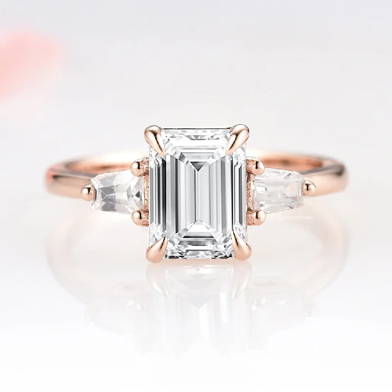 ladies engagement rings minimalist-Emerald Cut Moissanite Engagement Ring- 14K Solid Rose Gold