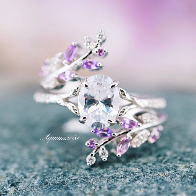 ladies engagement rings subtle-Fairy Amethyst & Moissanite/Diamond Leaf Engagement Ring Set- 14K White Gold