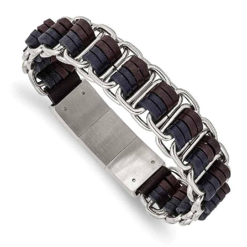 Ladies bracelets nature charm -Stainless Steel Polished w/Blue and Brown Leather w/.5in ext 8in Bracelet