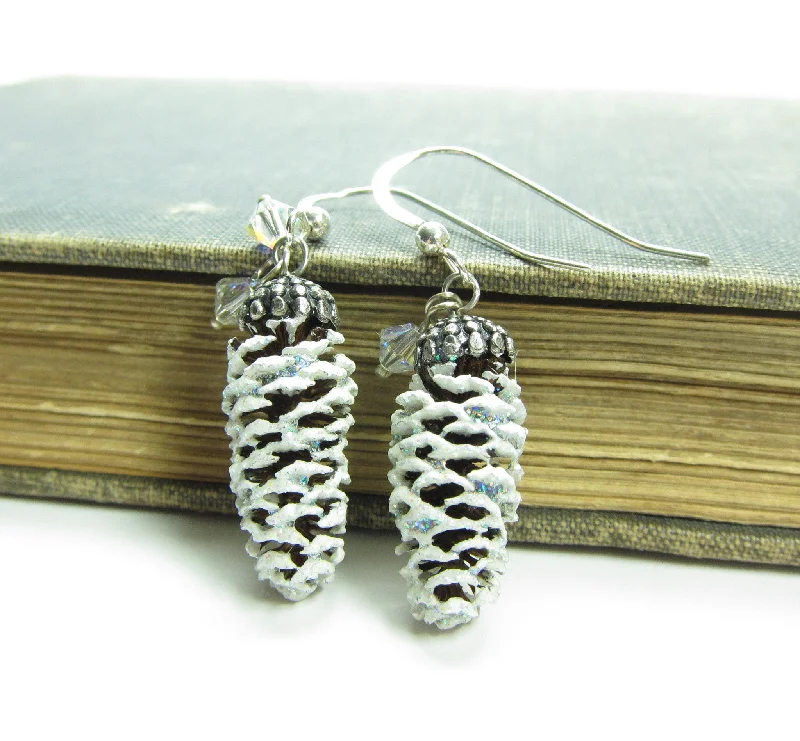 ladies earrings packaging-Snowy Pine Cone Earrings on Sterling Silver Wires