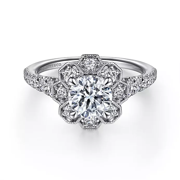 ladies engagement rings cartier-Elowyn - Art Deco Inspired 14K White Gold Floral Halo Round Diamond Engagement Ring