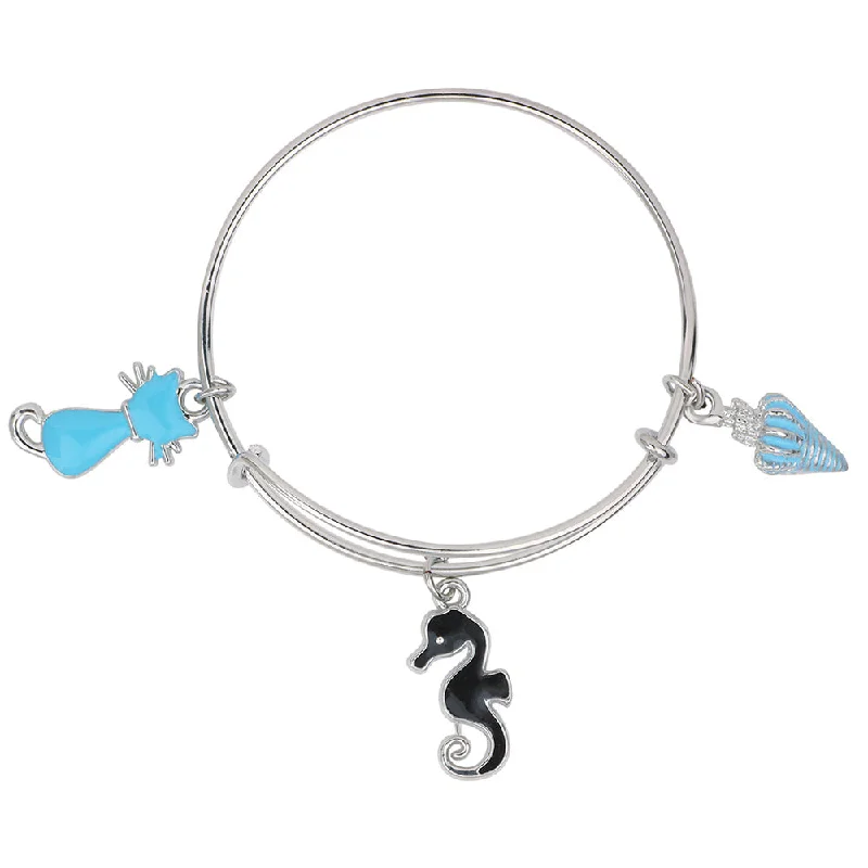 Ladies bracelets chinese charm -Mahi Cat & Sea Horse Shaped Enamel Work Charm Bracelet with Rhodium Plated for Girls (BRK1100876R)