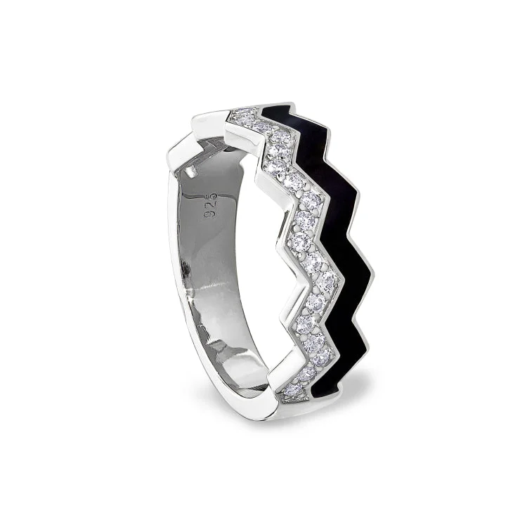 ladies rings vintage-Platinum Finish Sterling Silver Micropave Ring with with Black Enamel and Simulated Diamondss