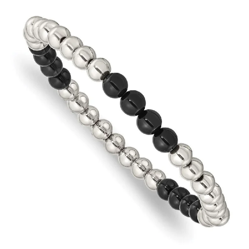 Ladies bracelets unique find -Stainless Steel Polished Black Onyx Beaded Stretch Bracelet