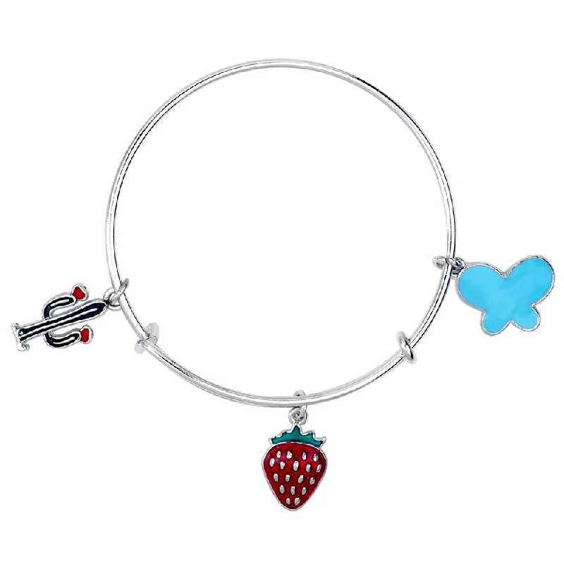 Ladies bracelets art deco charm -Mahi Cactus, Butterfly & Strawberry Shaped Enamel Work Charm Bracelet with Rhodium Plated for Kids (BRK1100895R)