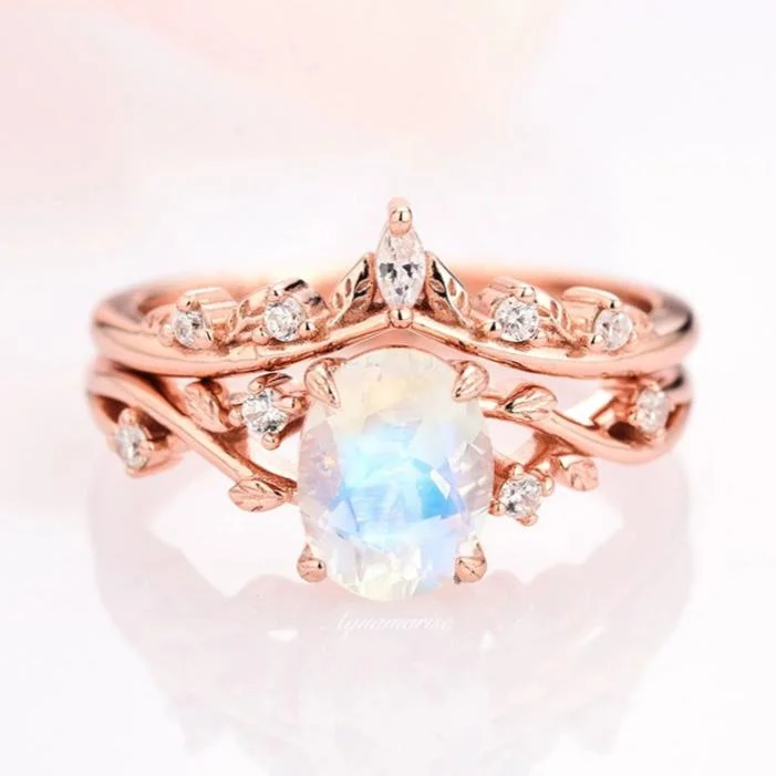 ladies engagement rings eco friendly-Natural Moonstone Fairy Engagement Ring Set- 14K Rose Gold Vermeil