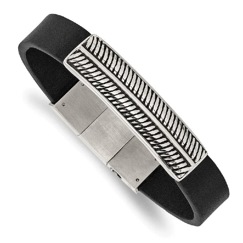 Ladies bracelets trillion shine -Stainless Steel Antiqued and Polished Black Leather w/.5in ext 8in Bracelet