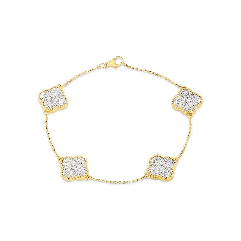 Ladies bracelets fantasy glow -14K Yellow Gold Diamond Clover Bracelet