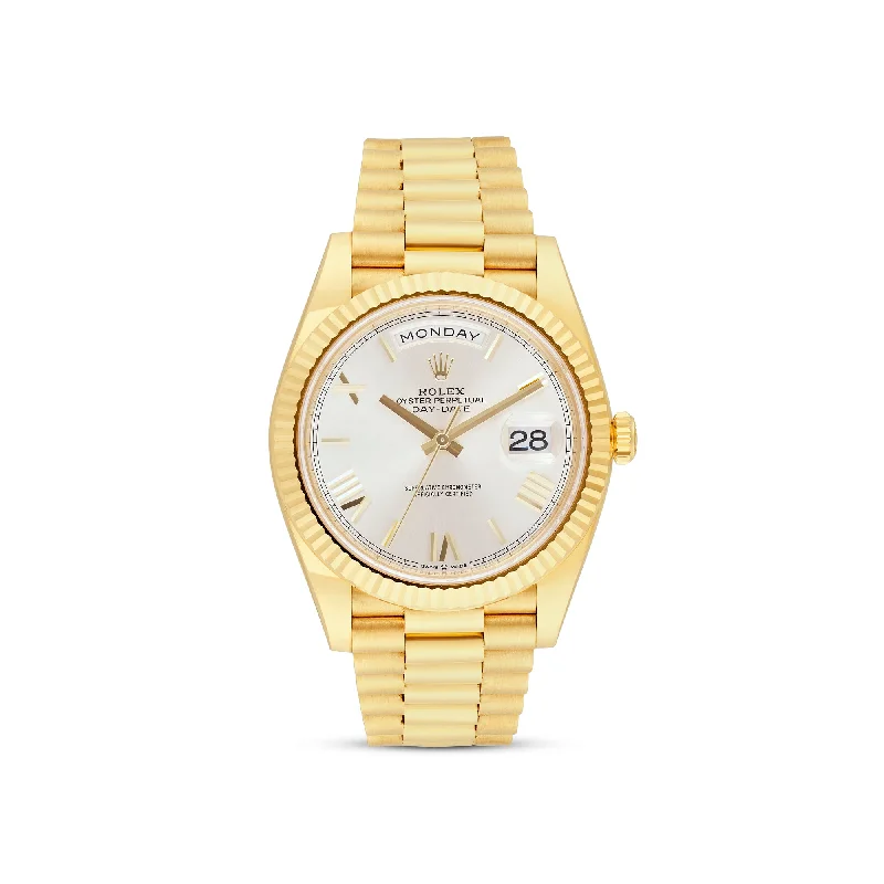 Ladies bracelets durable shine -Rolex Day-Date 40 Yellow Gold Silver Roman Dial & Fluted Bezel President Bracelet