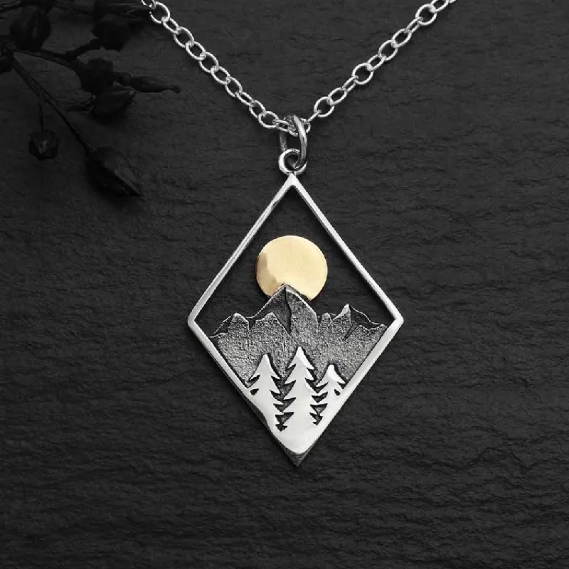 Ladies necklaces korean shine -Mountain & Trees Necklace with Bronze Sun