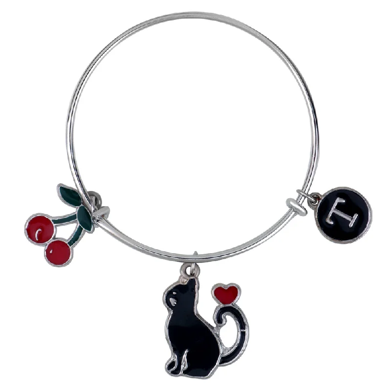 Ladies bracelets love shine -Mahi T Letter Cherry & Cat Shaped Rhodium Plated Enamel Work Charms Kids Bracelets for Girls (BRK1100952R)