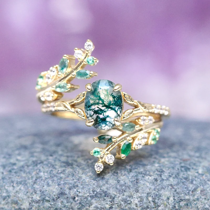 ladies engagement rings fall-Green Moss Agate & Emerald Leaf Engagement Ring Set- 14K/ 18K Solid Yellow Gold