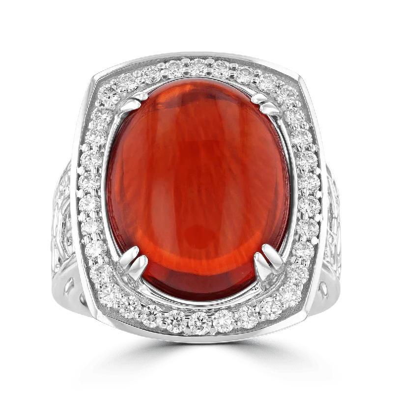 ladies rings size 6-JULEVE 18KT 11.71 CT FIRE OPAL & 0.58 CTW DIAMOND HALO RING