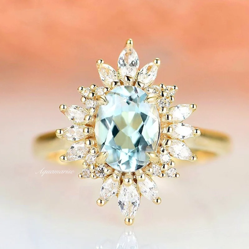 ladies engagement rings care-Aurora Natural Aquamarine Engagement Ring- 14K Solid Yellow Gold