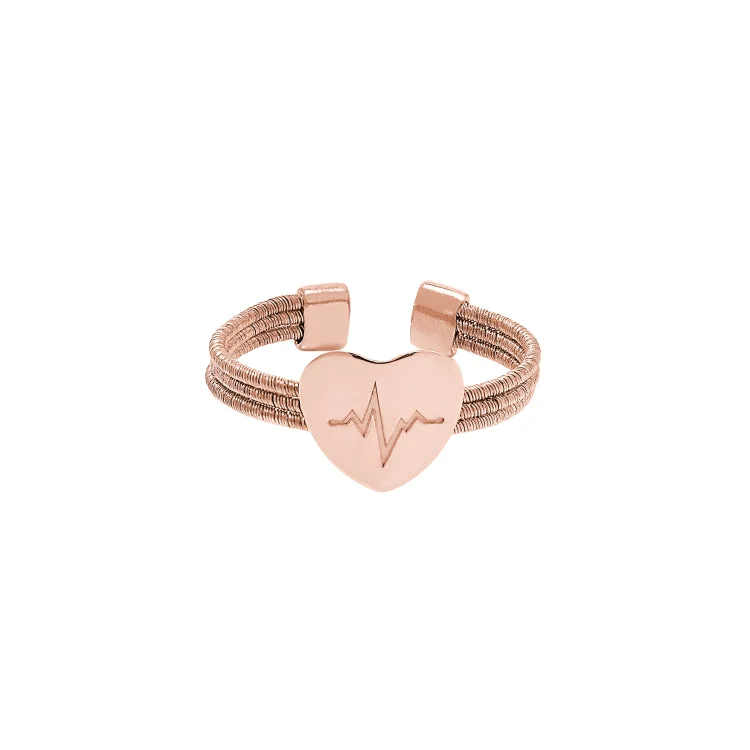 ladies rings size 6-Rose Gold Finish Sterling Silver Three Cable Cuff Ring with a Polished Heart with a Heartbeat Design.