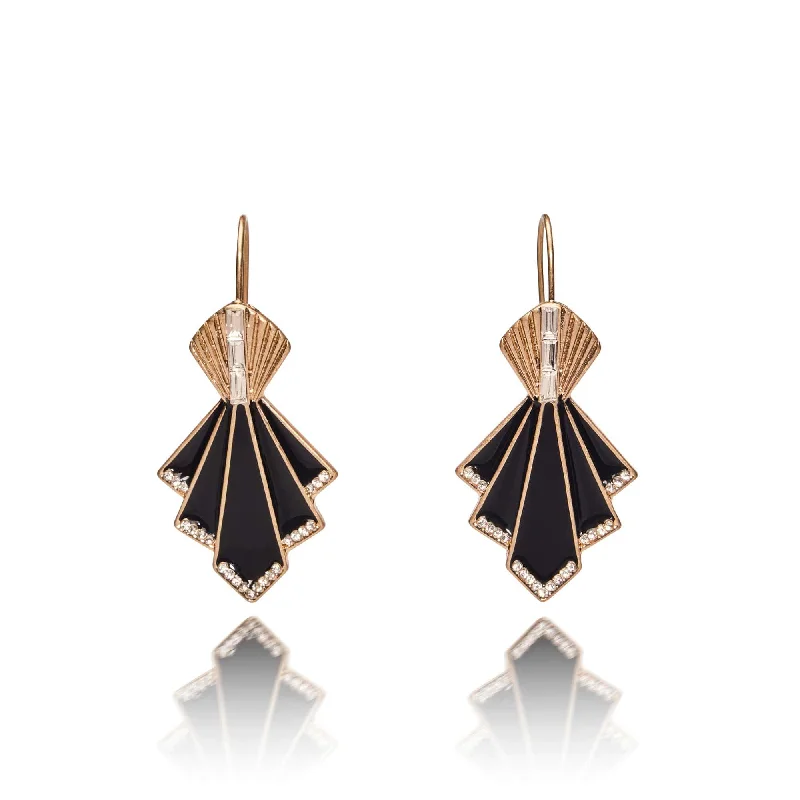 ladies earrings antique-Art Deco Fan 1920 Earrings: Black Drop Crystal Earrings