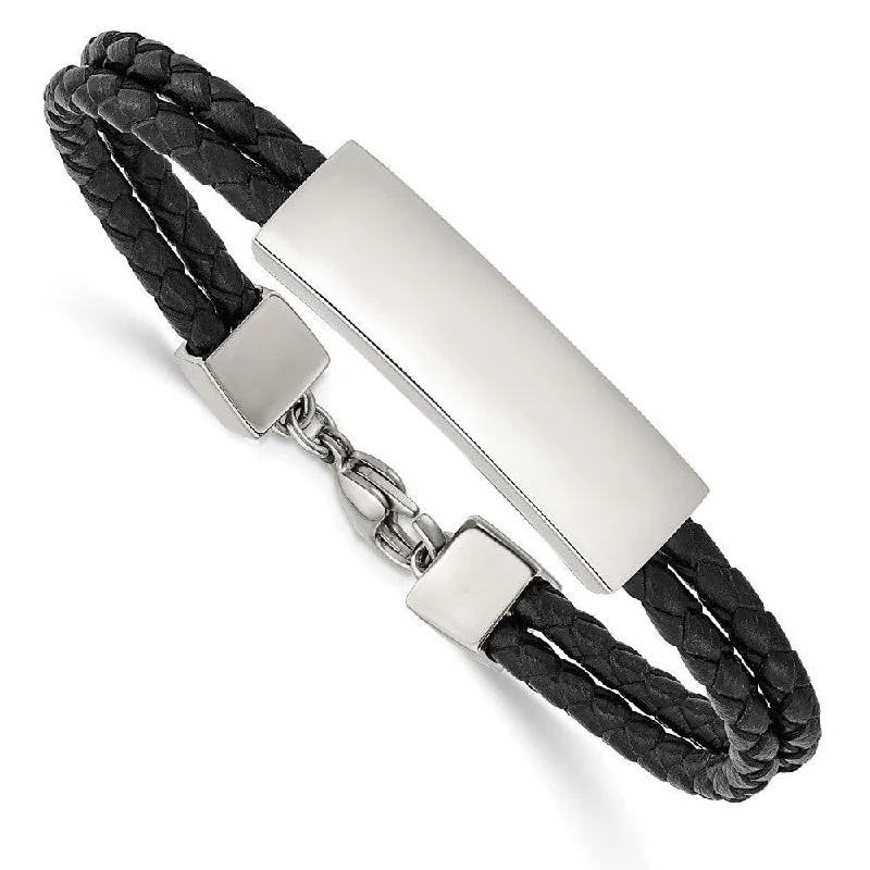 Ladies bracelets woodland glow -Stainless Steel Polished Black Leather 2 Strand 7in ID Bracelet