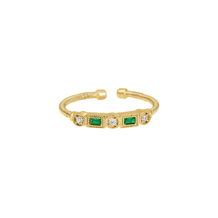 ladies rings subtle-Gold Finish Sterling Silver Cable Cuff Ring with Simulated Emeralds and Simulated Diamonds