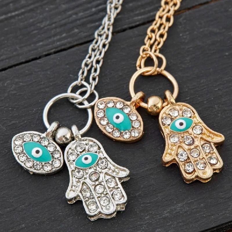 Ladies necklaces moroccan tile -Hamsa Evil Eye Necklace - 2 charms