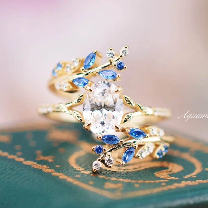 ladies engagement rings healing-Blue Sapphire & Moissanite/Diamond Leaf Engagement Ring Set- 14K Solid Yellow Gold