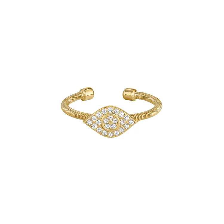 ladies rings metallic-Gold Finish Sterling Silver Cable Cuff Evil Eye Ring with Simulated Diamonds