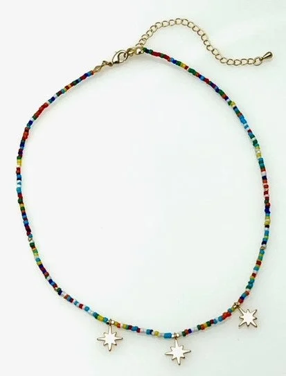 Ladies necklaces hematite shine -Beaded Necklace with Multiple Star Pendant - Multi colors