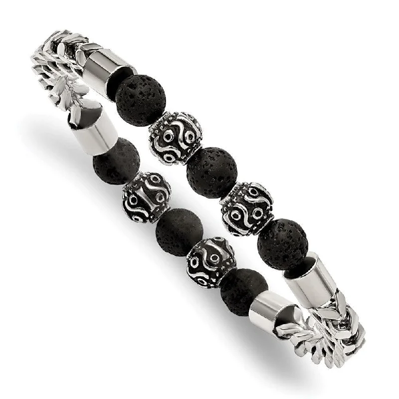 Ladies bracelets reduced price -Stainless Steel Antiqued & Polished w/Lava Stone Beads Stretch Bracelet