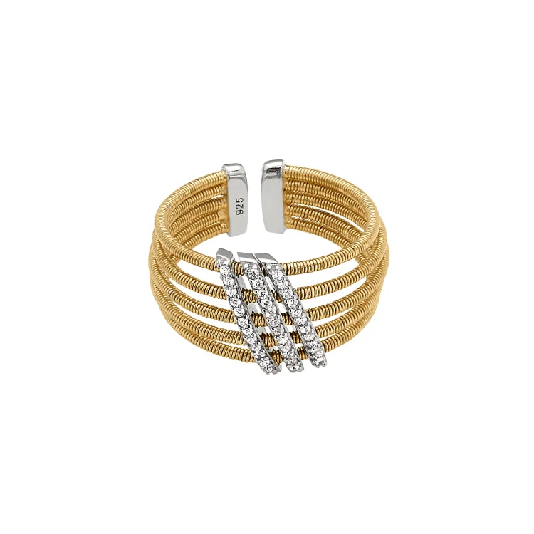 ladies rings near me-Gold Finish Sterling Silver Multi Cable Cuff Ring with Rhodium Finish Simulated Diamond Three Diagonal Bars