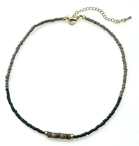 Ladies necklaces art deco shine -Beaded Necklace with Seed and Stone Beads - Gray