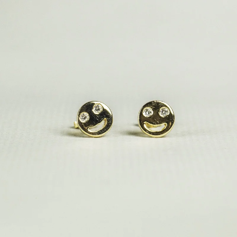 ladies earrings hypoallergenic-Gold Smiley Face Stud Earrings