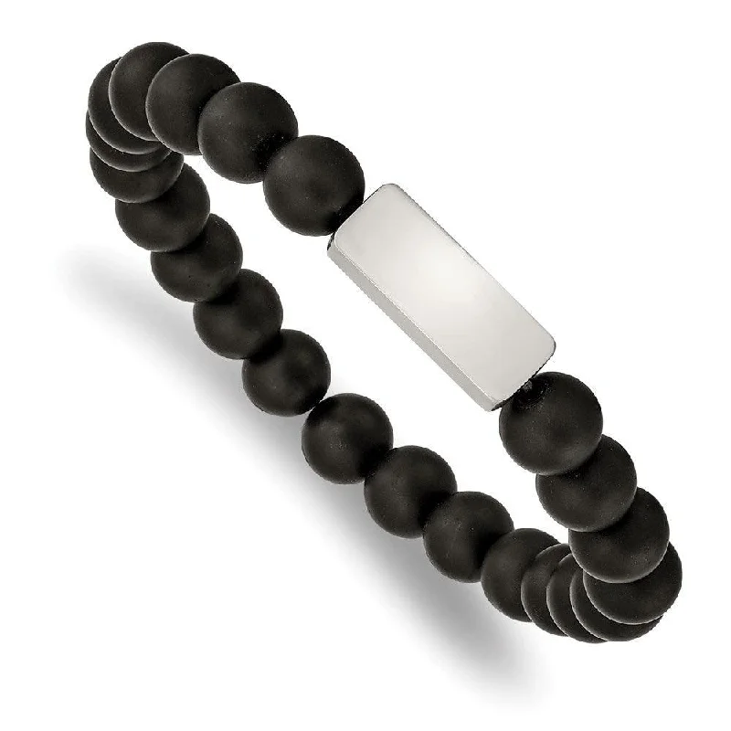 Ladies bracelets greek charm -Stainless Steel Brushed ID Plate Black Agate Bead Stretch Bracelet