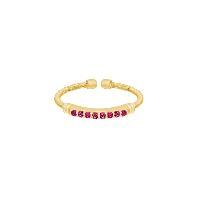 ladies rings designer-Gold Finish Sterling Silver Cable Cuff Ring with Simulated Ruby Birth Gems - July