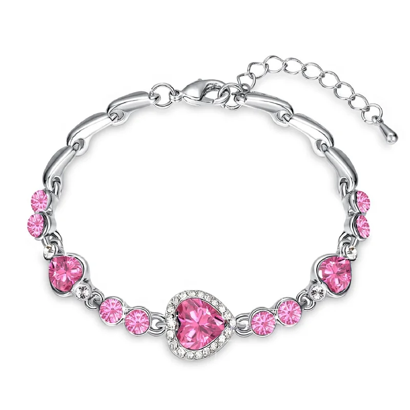 Ladies bracelets tree charm -Mahi Rhodium Plated Valentine Collection Magical Love Heart Bracelet with Pink Crystal Stones - BR2100340RPin