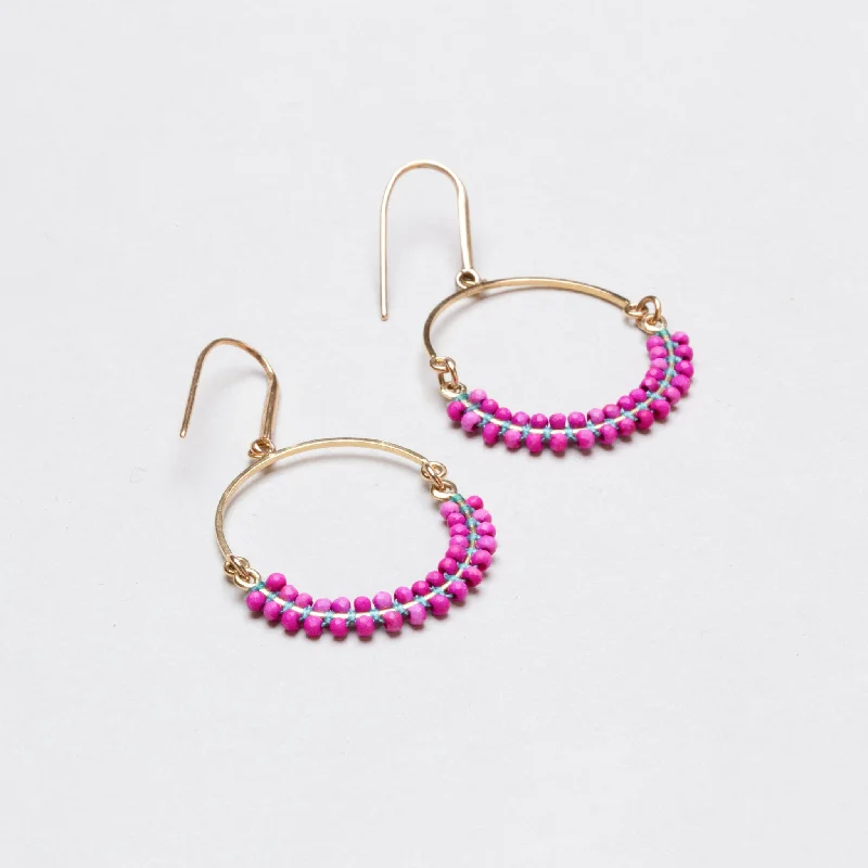 ladies earrings designer-Vintage Cesaria Beaded Drop Hoop Earrings in Fuchsia