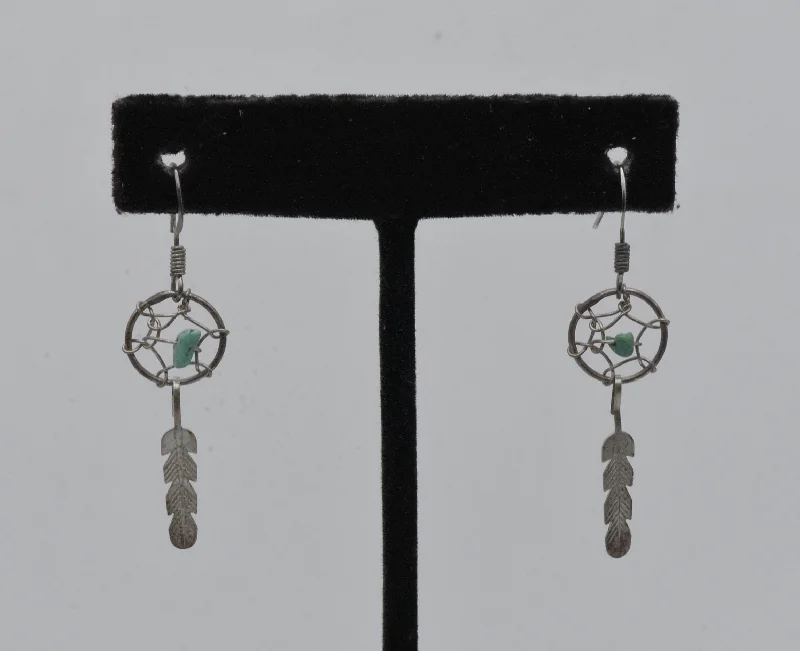 ladies earrings repair-Vintage Silver and Turquoise Dreamcatcher Earrings