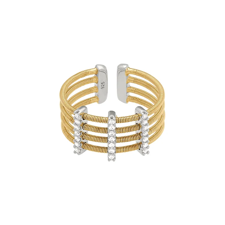 ladies rings display-Gold Finish Sterling Silver Multi Cable Cuff Ring with Rhodium Finish Simulated Diamond Vertical Bars