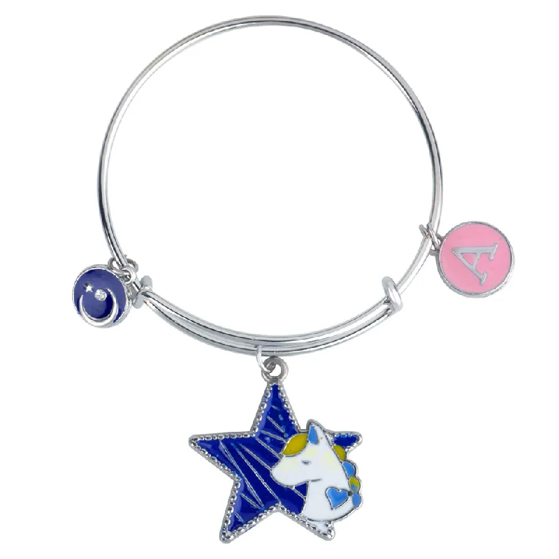 Ladies bracelets emerald accent -Mahi A Letter Unicorn & Moon Shaped Rhodium Plated Enamel Work Charms Kids Bracelets for Kids (BRK1100944R)